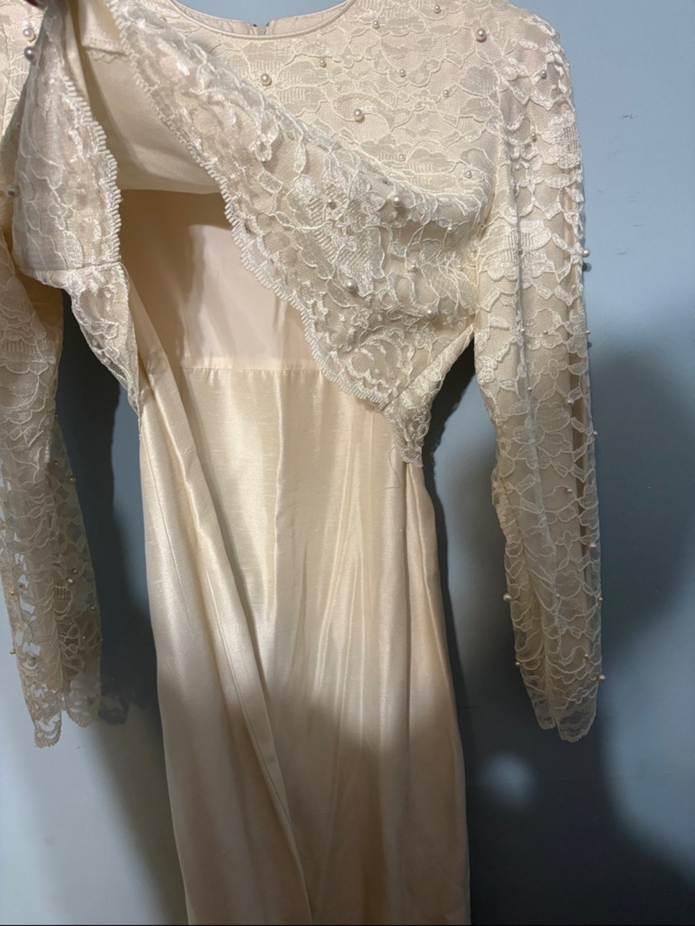 Leslie Fay Cream size 10 Lace Pearl Vintage Bride Bridal Era Dress little white - Picture 9 of 10